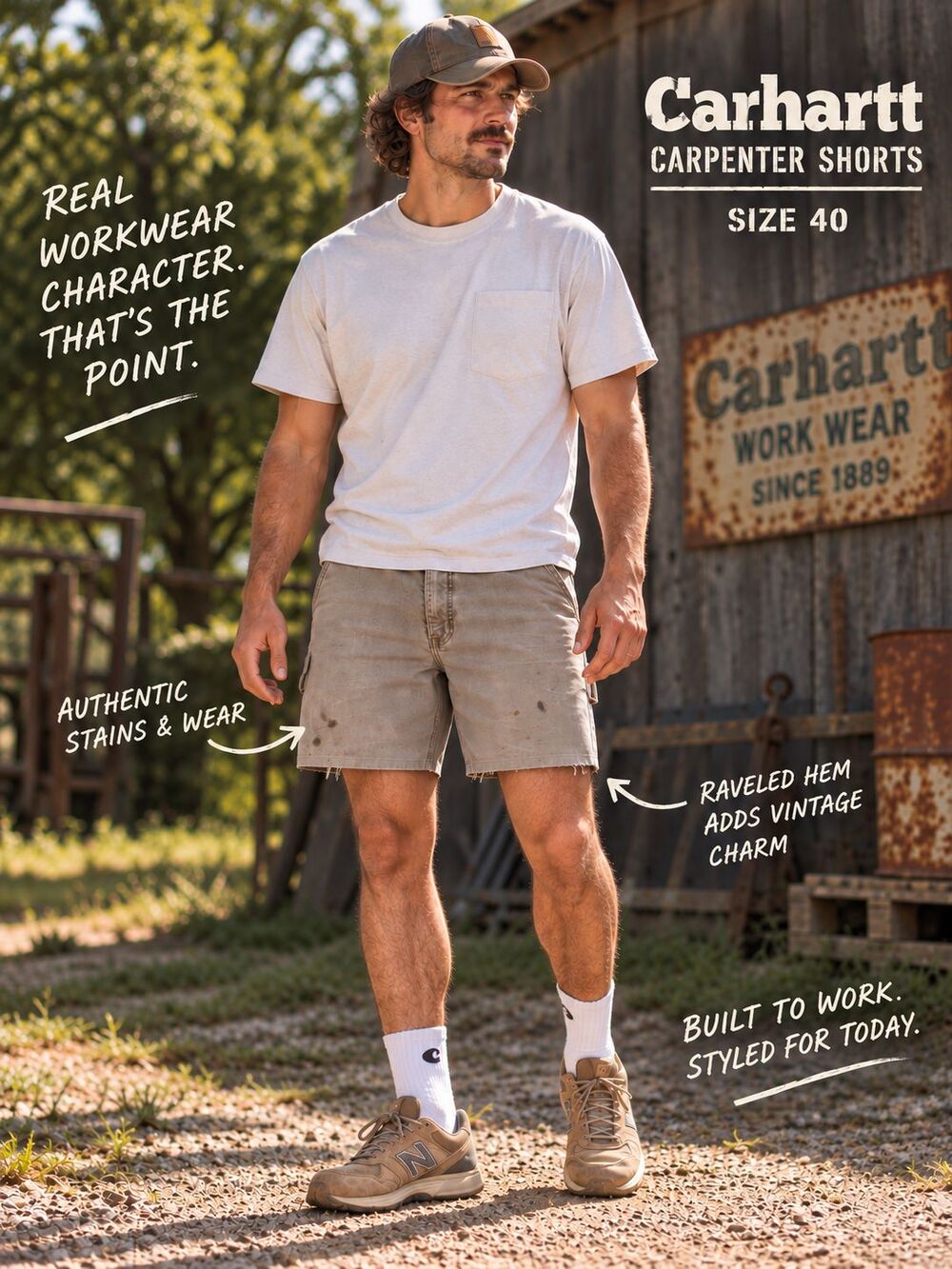 Carhartt Carpenter Work Shorts Mens 40 Tan Distressed Vintage Canvas Stains